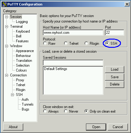 Configure SSH protocol and server address.