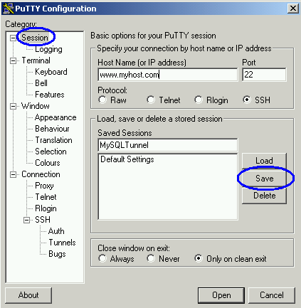 Saves Putty Session for SSH Port Forward to MySQL